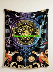 Versace Black Multicolor Baroque Medusa Greek Key Print Flannel Sofa Throw Blanket IMG_1411